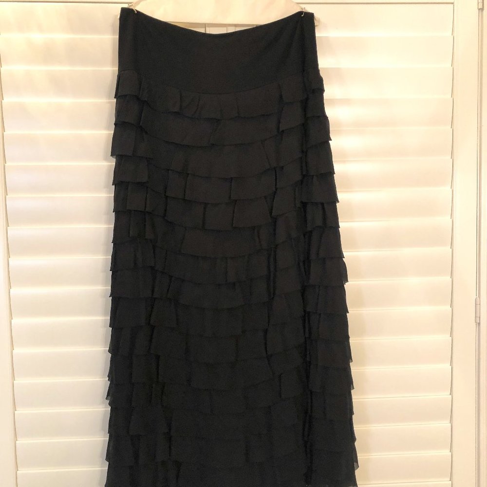 Talbots Black Silk Chiffon Tiered Ruffle Maxi Skirt, Size 10 Petite